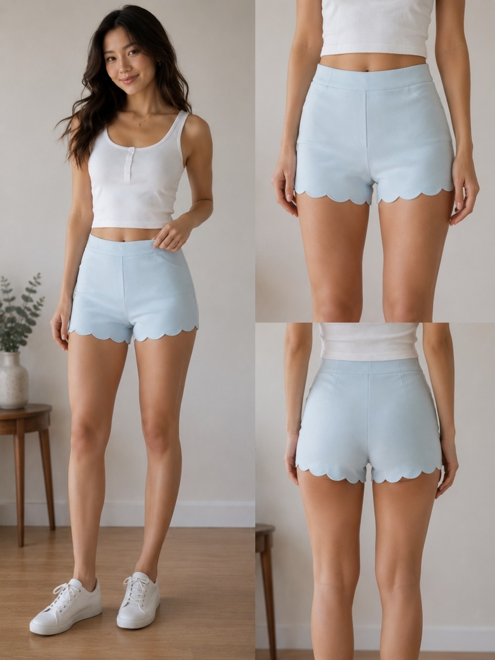 iris Light Blue Scallop-Hem High-Waist Shorts
